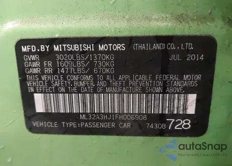 2015 Mitsubishi Mirage De z USA, uszkodzony, nr VIN ML32A3HJ1FH006908